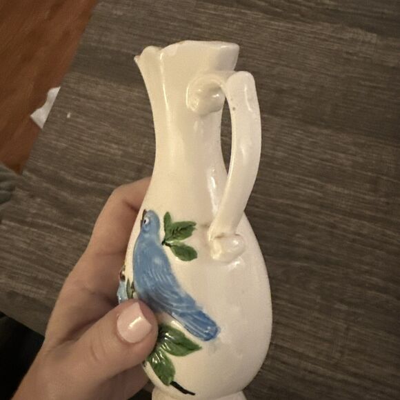 SOLD Bud Vase Pitcher Blue Birds 6" Tall Signed Vintage 1982 Hand Painted Office - Picture 4 of 10